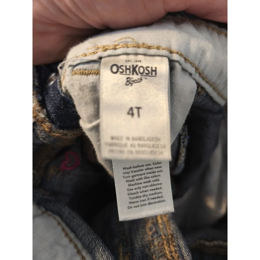 OshKosh B'Gosh Girls 4T Denim Overalls Pink Heart Embroidered Bib Jeans